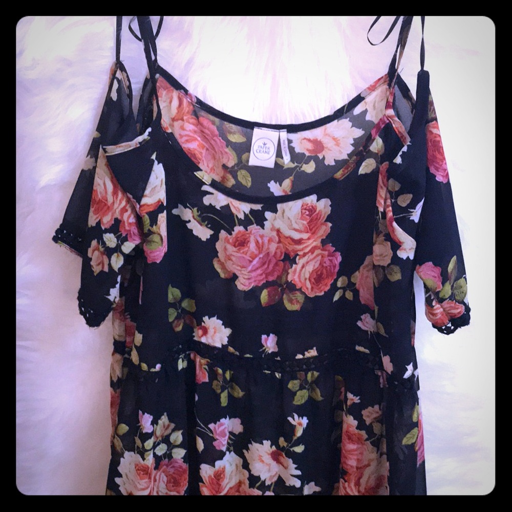 Paper Crane - Sheer Black Floral Cold Shoulder M